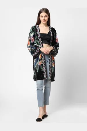 Cloth Haus India Women Black & Green Floral Printed Shrug