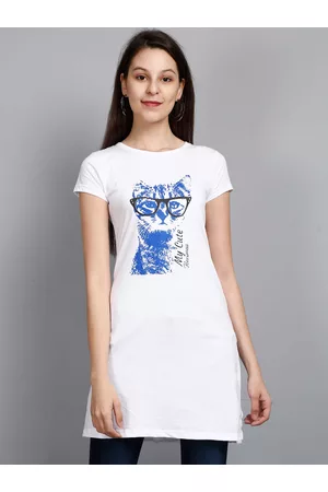 Fleximaa Women White & Blue Printed Longline Top