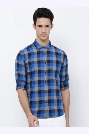LocoMotive Men Blue & Grey Slim Fit Checked Casual Shirt