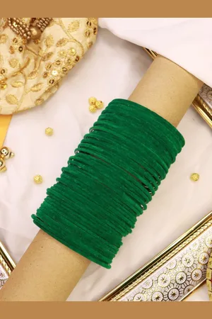 I Jewels Women Set Of 48 Green Solid Metal Velvet Bangles