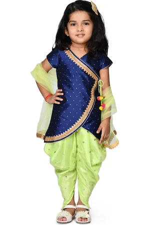 SAKA DESIGNS Girls Navy Blue Angrakha Sequinned Kurti with Dhoti Pants & With Dupatta