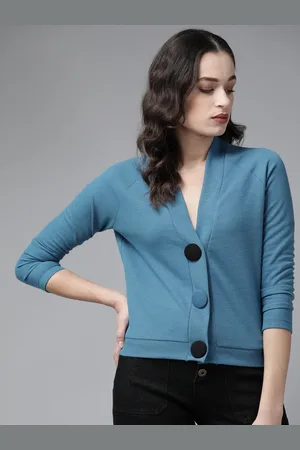 KASSUALLY Women Blue Solid Cotton Blend Cardigan