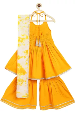 Tiber Taber Girls Yellow Pleated Gotta Patti Pure Cotton Kurti with Sharara & Dupatta