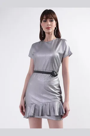 CENTRESTAGE Women Silver Solid Round Neck A-Line Dress