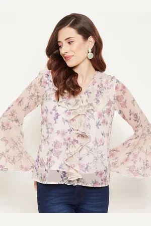 Bitterlime Women Off White & Pink Floral Print Georgette Top