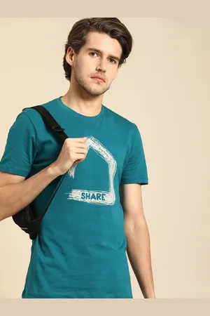 Being Human Men Teal & Off White Printed Slim Fit Pure Cotton Casual T-shirt