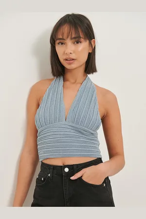 NA-KD X MOA MATTSSON Women Blue Self-Striped Halter Neck Top