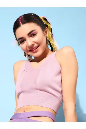 STREET 9 Women Lavender Solid Pure Cotton Crop Top