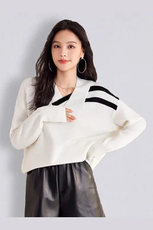 JC Collection Women White & Black Pullover