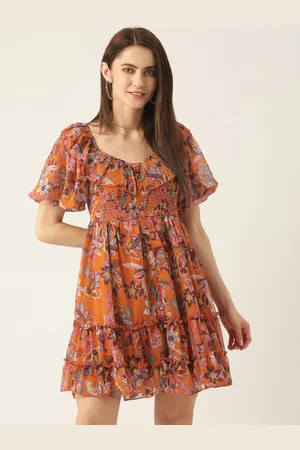 Antheaa Orange & Pink Floral Chiffon Smocked Tiered Dress