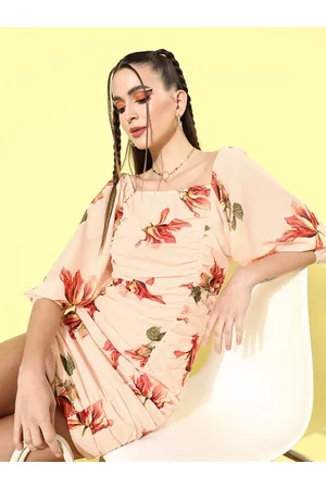 KASSUALLY Women Attractive Peach Floral Volume Play Dress
