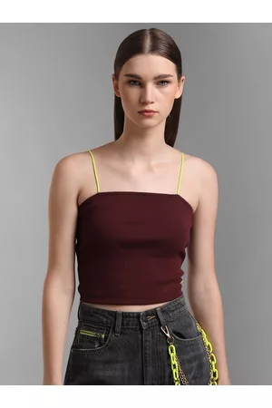 Kazo Women Maroon Solid Cotton Crop Top