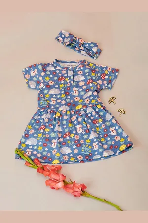 MiArcus Girls Blue Fit & Flare Cotton Dress With Hairband