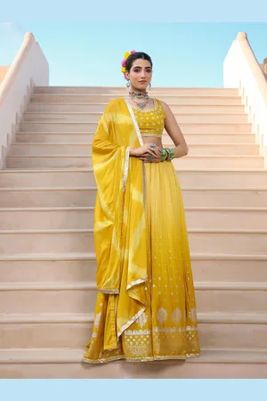 SCAKHI Mustard & Gold-Toned Embroidered Foil Print Ready to Wear Lehenga & Blouse With Dupatta
