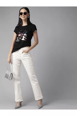 Cayman Women Black & Silver Typography Sequined T-shirt