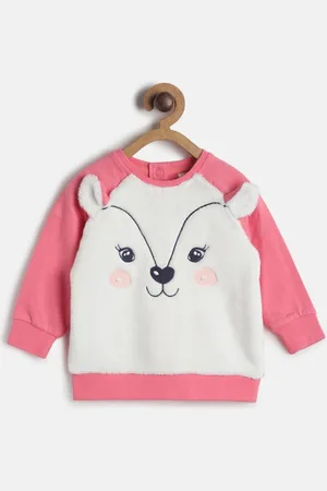 MINI KLUB Girls White & Pink Self Design Sweatshirt