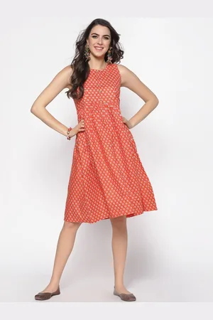 Sera Orange & White Ethnic Motifs Fit and Flare Dress