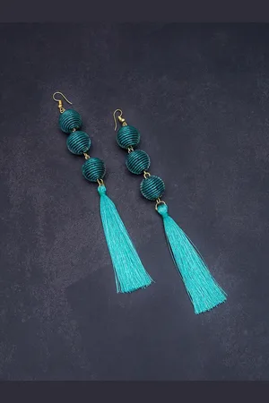 Golden Peacock Green Contemporary Tasseled Drop Earrings
