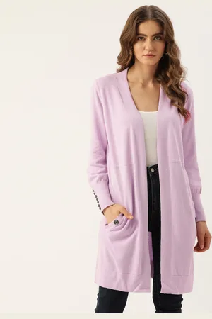 MADAME Women Solid Pure Cotton Front-Open Longline Sweater