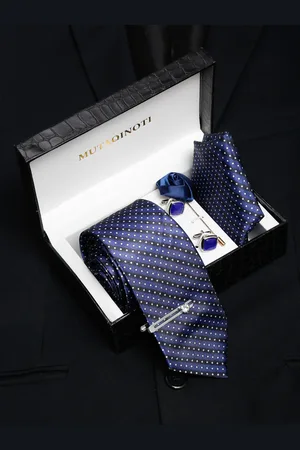 MUTAQINOTI Men Contrast Blue Silk Blend Necktie Accessory Gift Set