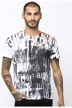 Huetrap Men White & Charcoal Grey Printed Round Neck T-shirt