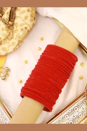 I Jewels Women Set of 48 Red Metal Velvet Bangles