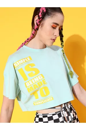 STREET 9 Women Sea Green Printed Cotton Drop-Shoulder Sleeves Bio Finish Oversized T-shirt