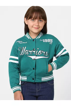 ONLY Girls Green Typography Cotton Bomber Jacket