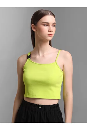 Kazo Neon Green Ribbed Pure Cotton Crop Top