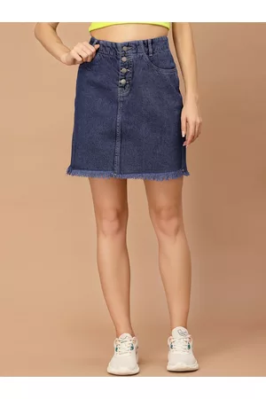 KASSUALLY Women Blue Solid Above-Knee Length Denim Straight Skirts