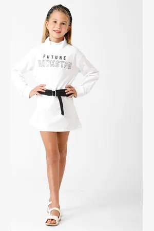 KATE & OSCAR Girls White Typography Printed Cotton A-Line Mini Dress