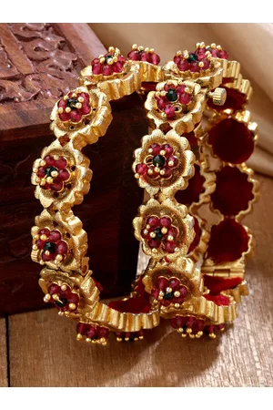 karatcart Women Set Of 2 Gold-Plated Red & Green Crystals-Studded Floral Design Bangles