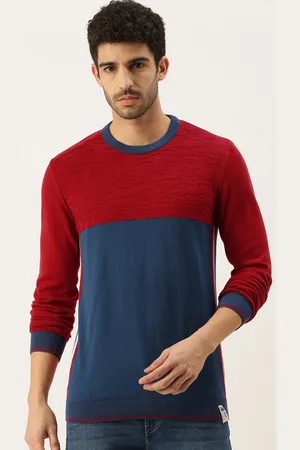 Peter England Men Red & Navy Blue Colourblocked Self Design Detail Pullover Sweater