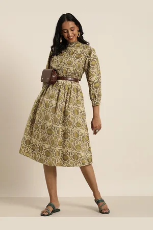 Taavi Women Beige & Green Bagru Hand Block Print A-Line Dress