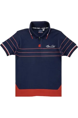 CAVIO Boys Navy Blue & Rust Striped Polo Collar T-shirt