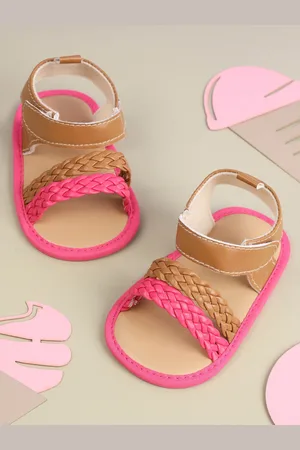 KICKS & CRAWL Girls Fuchsia & Tan Brown Braided Open Toe Flats