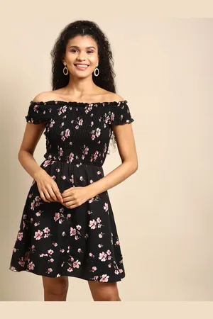 DODO & MOA Women Black Floral Off-Shoulder Crepe A-Line Dress