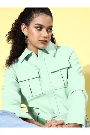 Tokyo Talkies Women Gorgeous Green Solid Faux Leather Jacket
