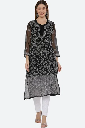 FAWOMENT Women Black Ethnic Motifs Printed Thread Work Handloom Georgette Kurta