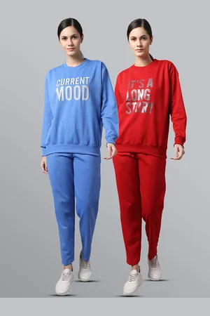 VIMAL JONNEY Women Pack Of 2 Red & Blue Typography Printed Fleece Tracksuits