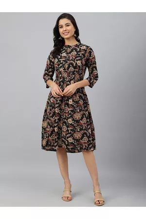 Janasya Black & Beige Floral Print Fit & Flare Dress
