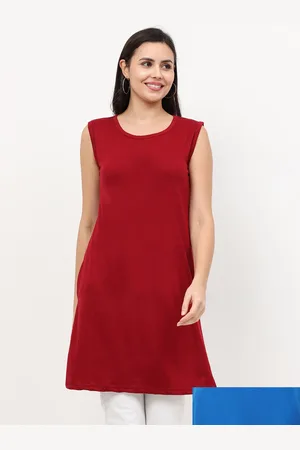 Fleximaa Women Pack of 2 Maroon & Blue Solid Round Neck Longline Pure Cotton Top
