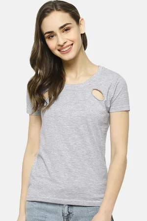 Campus Women Grey Striped Pure Cotton Top