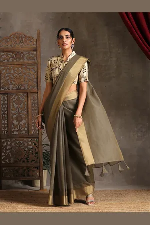 Triyah Grey & Gold-Toned Zari Pure Cotton Saree