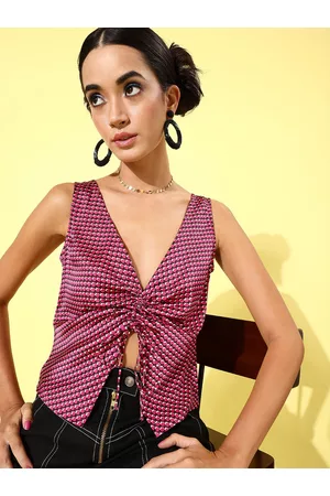 KASSUALLY Women Pink & White Geometric Print Ruched Top