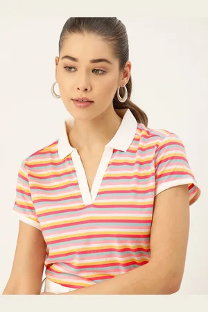 DressBerry Women White & Pink Striped Polo Collar Pure Cotton T-shirt