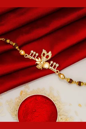Aadita Red & Gold-Toned Stone-Studded Bracelet Rakhi