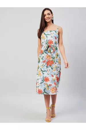 Rare Fashion White & Blue Floral Georgette Sheath Midi Dress