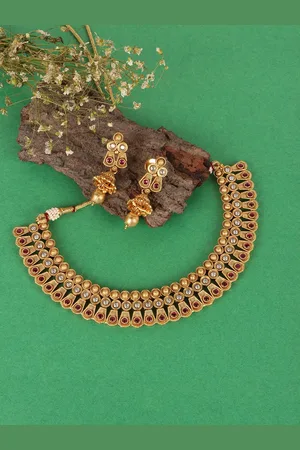 JEWELS GEHNA Women Pink & White Gold-Plated Stone Studded Necklace and Earrings