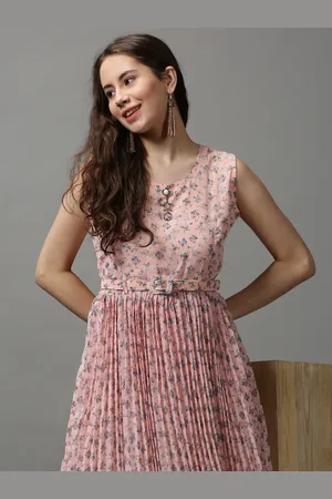 SHOWOFF Women Peach-Coloured Floral Chiffon Midi Dress